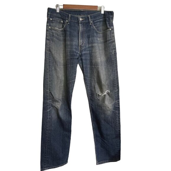 Levi's Mens Blue Dark Wash Distressed Straight Leg Regular Fit 505 Jeans 34 34 - Picture 1 of 8